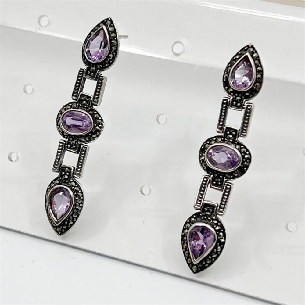 sterling silver amethyst & marcasite drop earrings